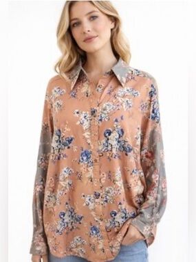 Blue Velvet Floral Button Down Blouse Peach Blue Mixed Print Shirt Top XL NWT